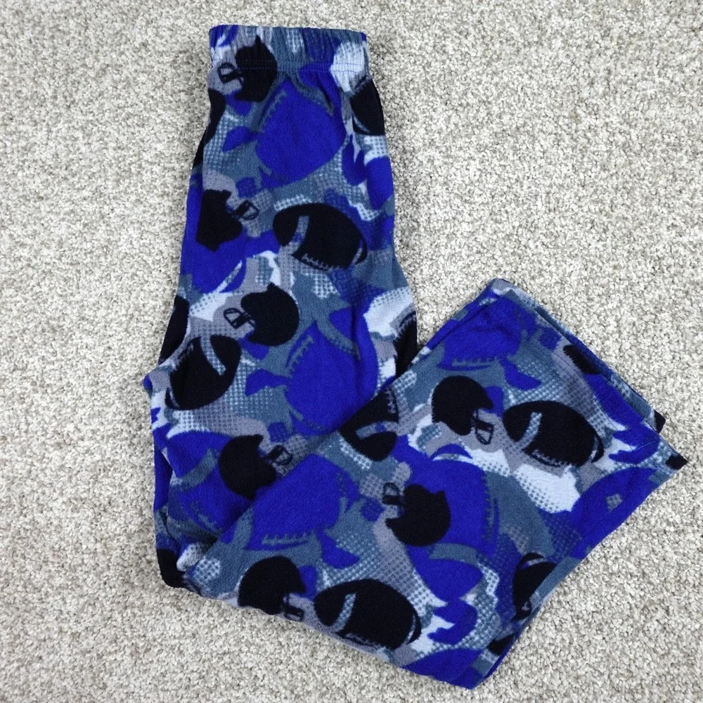 Faded Glory Boys Blue Football Fleece Pajama Pants Size L 10-12 Camo Sports PJ